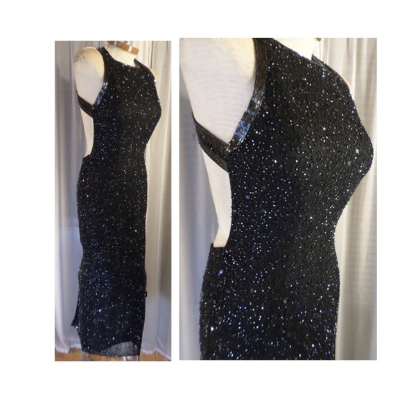 Long Black Silk M Formal Gown Dress Vintage Beaded - Picture 2 of 8